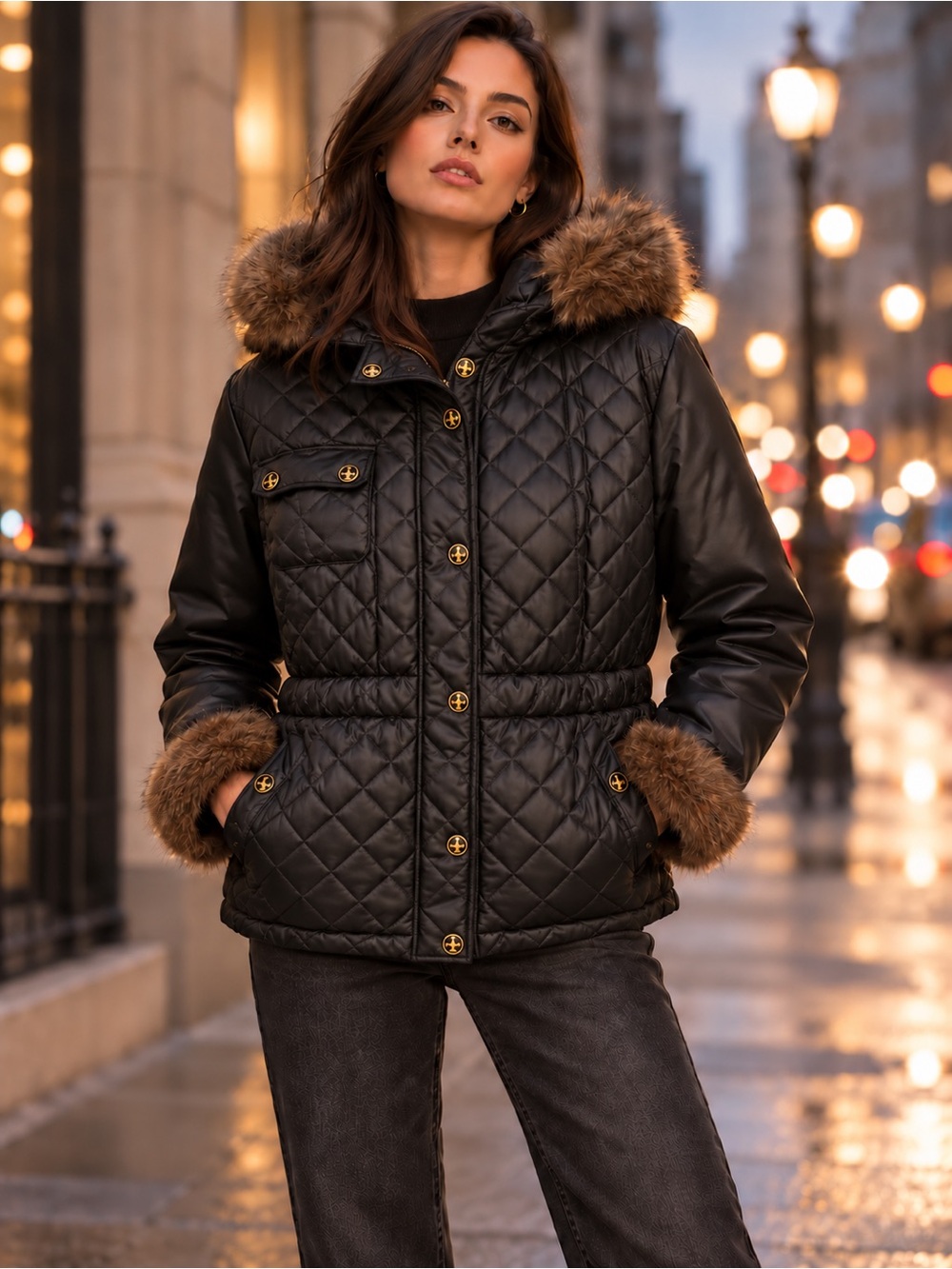Baby Phat Black Quilted Puffer Jacket with Brown Faux-Fur Trim
